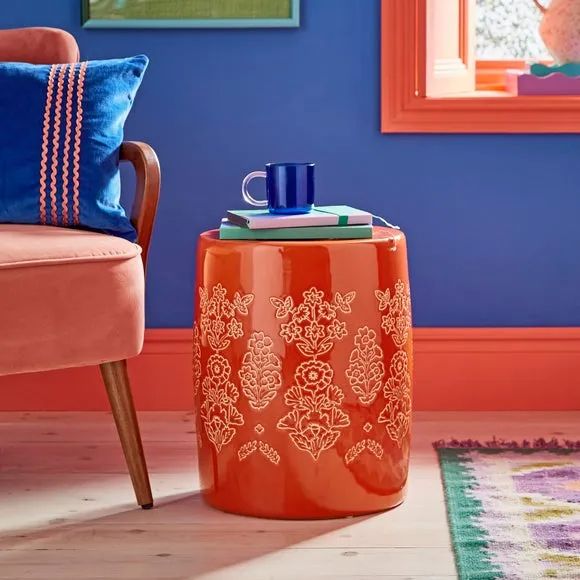 Drum Side Table with Glazed Design - Watermelon, Ceramic