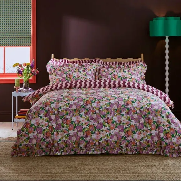 Floral Duvet Cover Set with Frills - Lilac, Cotton