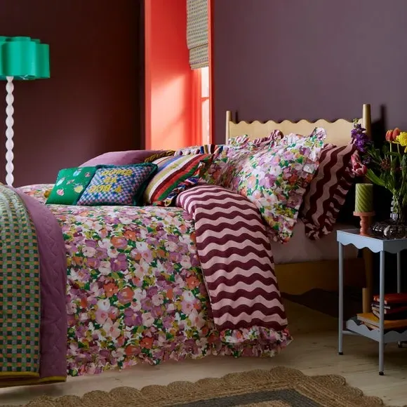 Floral Duvet Cover Set with Frills - Lilac, Cotton