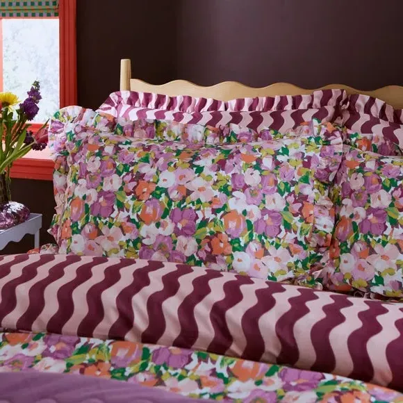 Floral Duvet Cover Set with Frills - Lilac, Cotton