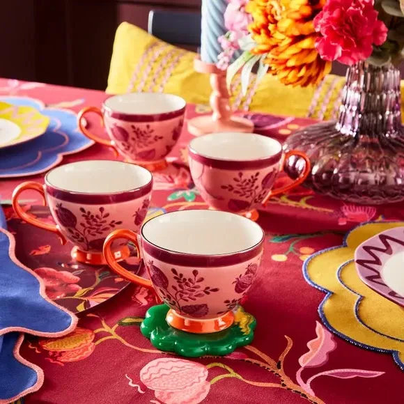 Floral Tea Cup with Gold Accents - Pink, Stoneware
