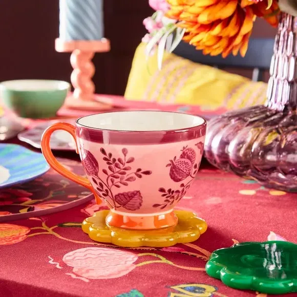 Floral Tea Cup with Gold Accents - Pink, Stoneware image