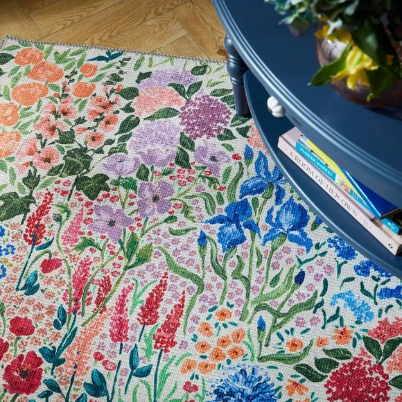 Floral Washable Rug - Multicoloured, Cotton
