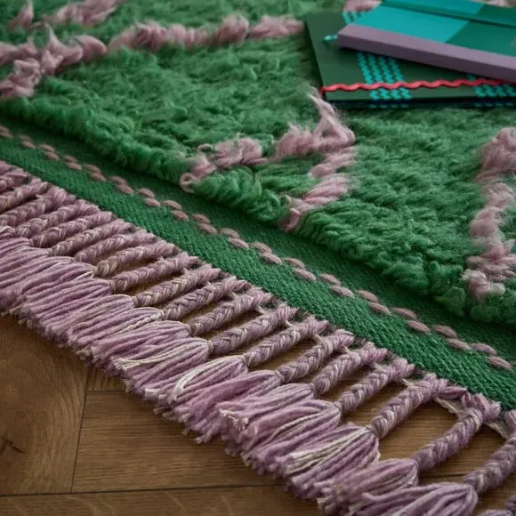 Geometric Shaggy Rug with Fringe - Multicoloured, Wool