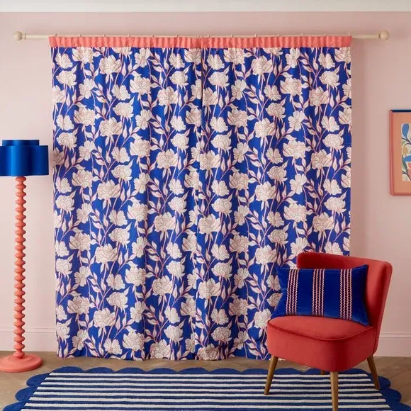 Pencil Pleat Curtains Tree Peony - Cobalt, Cotton