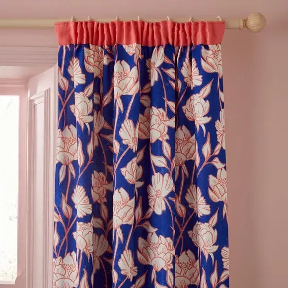 Pencil Pleat Curtains Tree Peony - Cobalt, Cotton
