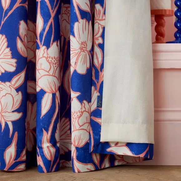 Pencil Pleat Curtains Tree Peony - Cobalt, Cotton