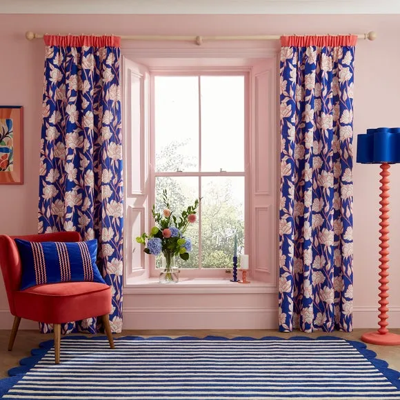 Pencil Pleat Curtains Tree Peony - Cobalt, Cotton