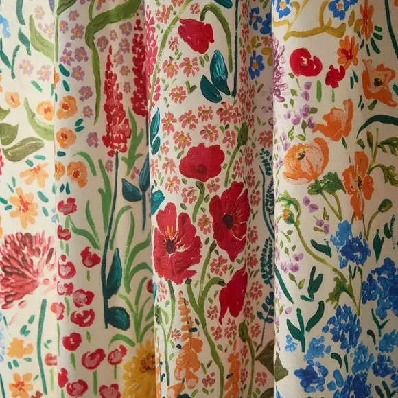 Pencil Pleat Curtains with Floral Print - Cobalt