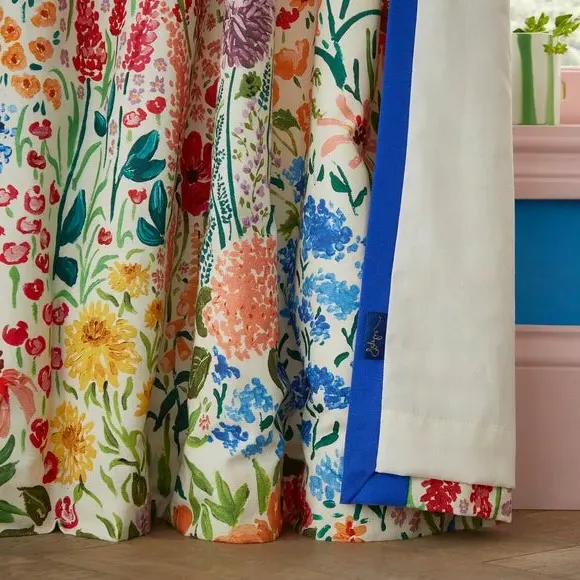Pencil Pleat Curtains with Floral Print - Cobalt