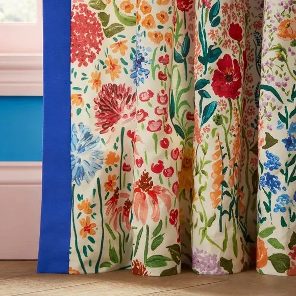Pencil Pleat Curtains with Floral Print - Cobalt