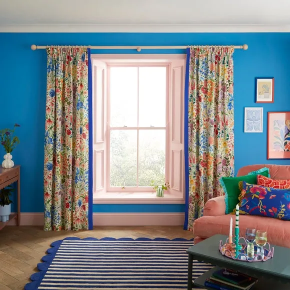 Pencil Pleat Curtains with Floral Print - Cobalt image