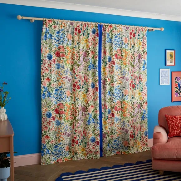 Pencil Pleat Curtains with Floral Print - Cobalt