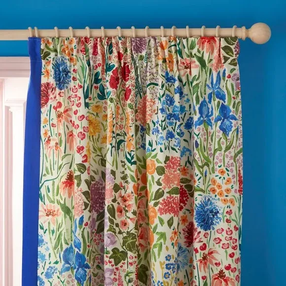 Pencil Pleat Curtains with Floral Print - Cobalt