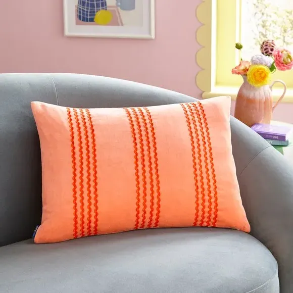 Rectangle Cushion with Ric Rac Trim - Coral, Cotton
