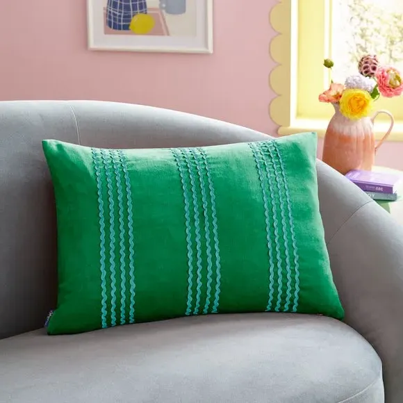 Rectangle Cushion with Ric Rac Trim - Turquoise, Cotton