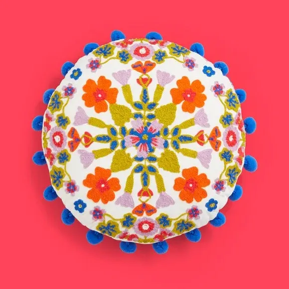 Round Cushion with Pom-Pom Trim - Multicolor, Cotton