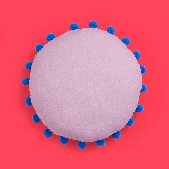 Round Cushion with Pom-Pom Trim - Multicolor, Cotton