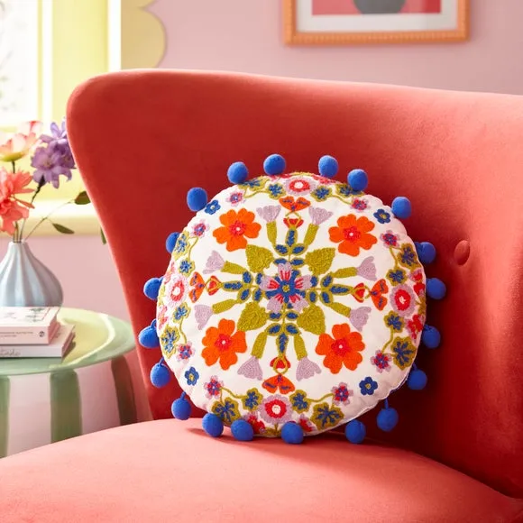 Round Cushion with Pom-Pom Trim - Multicolor, Cotton image
