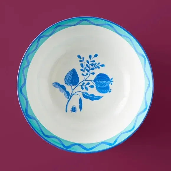 Serving Bowl with Floral Design - Blue, Fine China