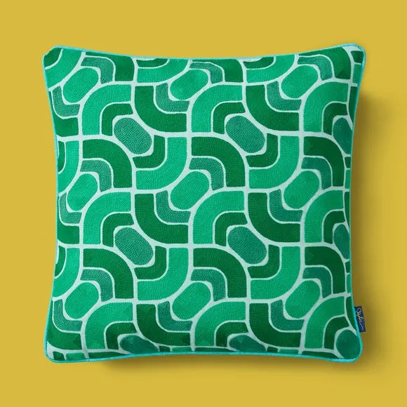 Square Cushion Wave Stitch Crewel - Turquoise, Cotton