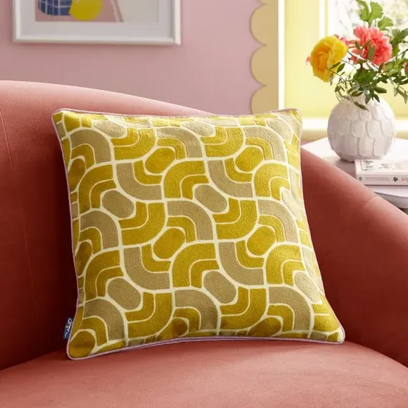 Square Cushion Wave Stitch Crewel - Zest, Cotton
