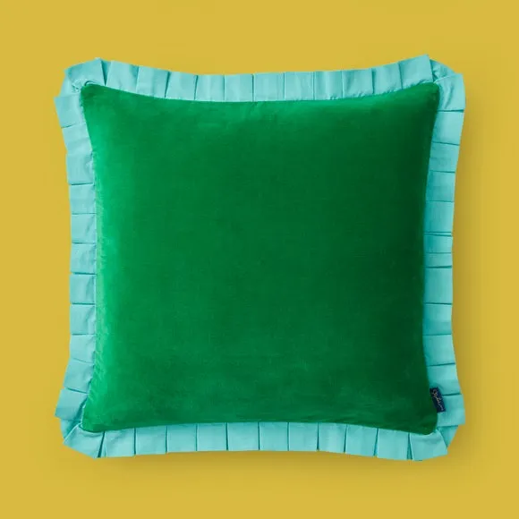 Square Cushion with Box Pleats - Turquoise, Velvet