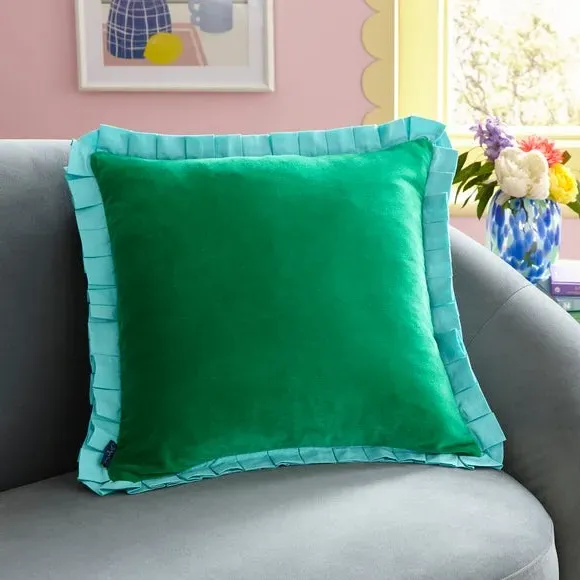 Square Cushion with Box Pleats - Turquoise, Velvet