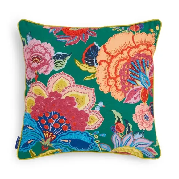 Square Cushion with Floral Embroidery - Cotton