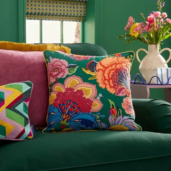 Square Cushion with Floral Embroidery - Cotton