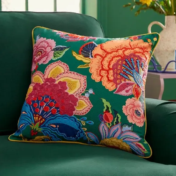 Square Cushion with Floral Embroidery - Cotton image