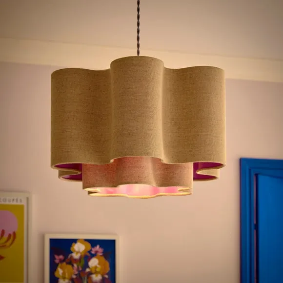 Two Tier Lamp Shade Wavy Design - Natural, Polyester