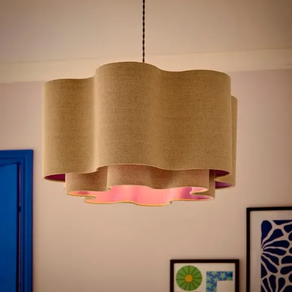 Two Tier Lamp Shade Wavy Design - Natural, Polyester