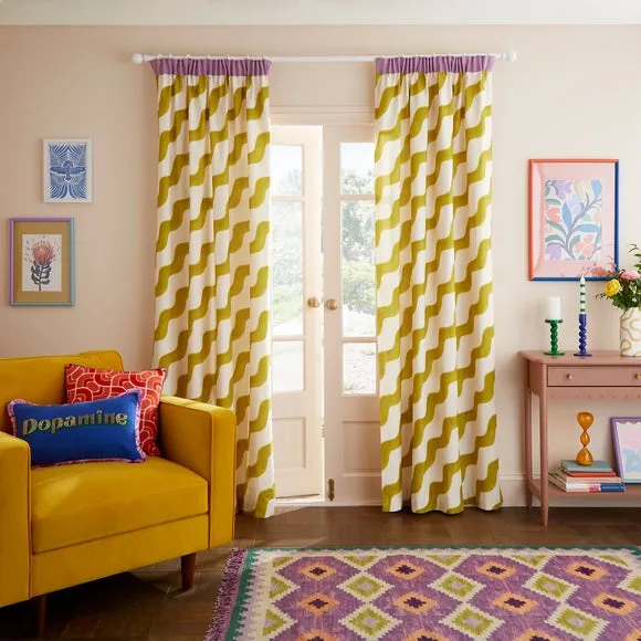 Wave Print Pencil Pleat Curtains - Zest, Cotton image