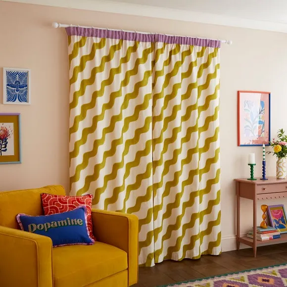 Wave Print Pencil Pleat Curtains - Zest, Cotton