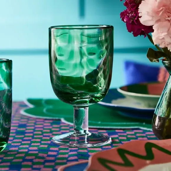 Wine Goblet with Ripple Design - Green, Glass image