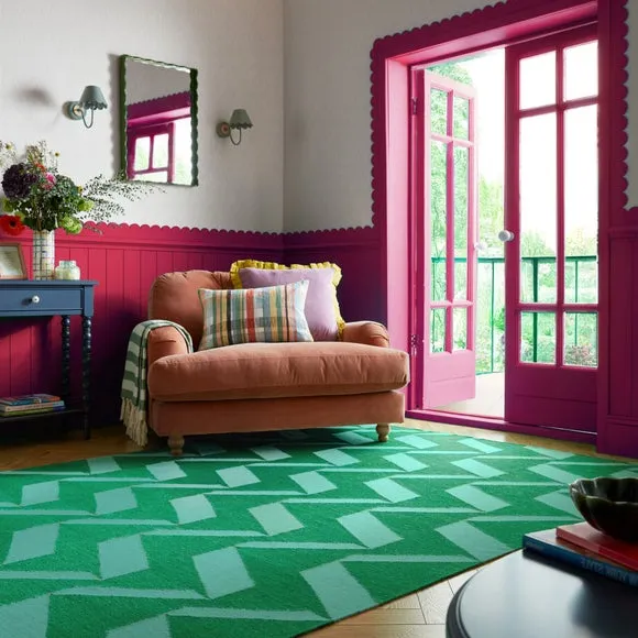 Zig Zag Wool Rug - Green, Flatweave