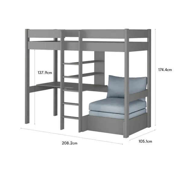 High Sleeper Bed with Chair Bed - Grey, Pine