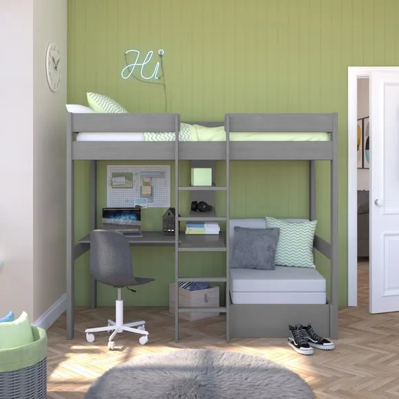 High Sleeper Bed with Chair Bed - Grey, Pine image