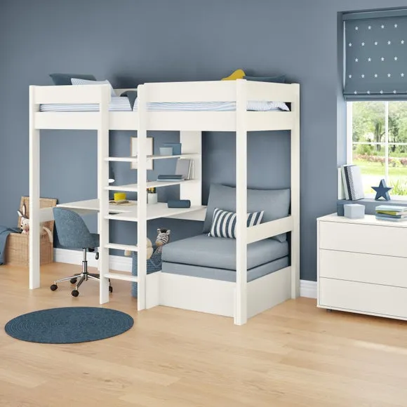 High Sleeper Bed with Chair Bed - White, Pine