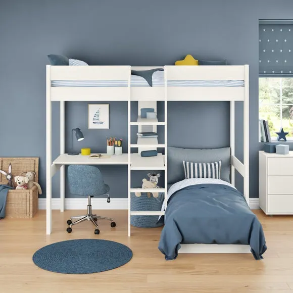High Sleeper Bed with Chair Bed - White, Pine