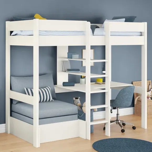 High Sleeper Bed with Chair Bed - White, Pine