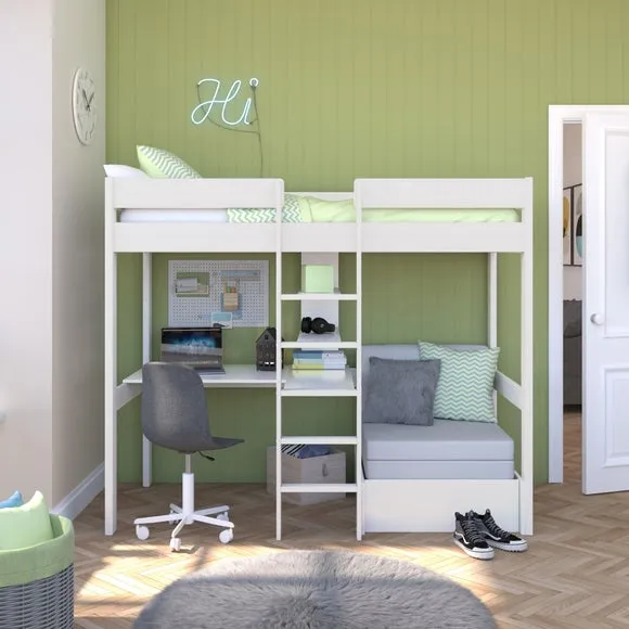 High Sleeper Bed with Chair Bed - White, Pine