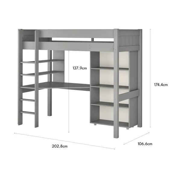 High Sleeper Bed with Desk & Bookcase - Grey, Pine
