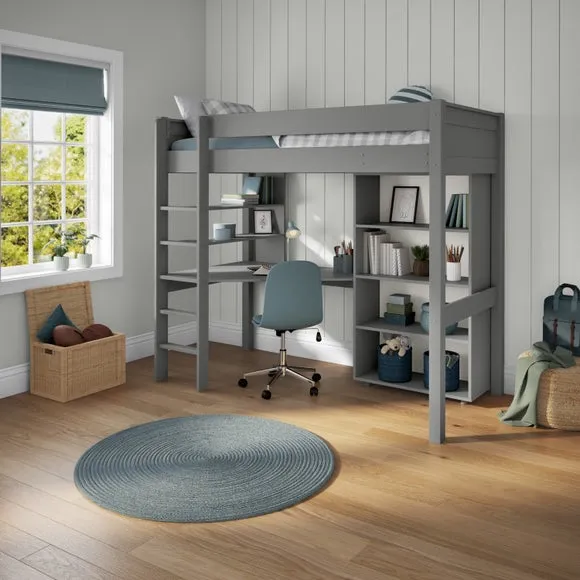 High Sleeper Bed with Desk & Bookcase - Grey, Pine