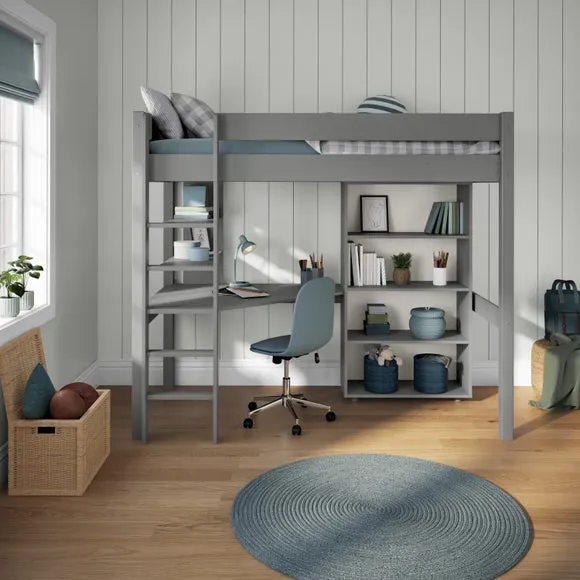 High Sleeper Bed with Desk & Bookcase - Grey, Pine