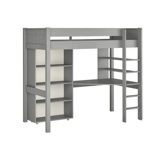 High Sleeper Bed with Desk & Bookcase - Grey, Pine