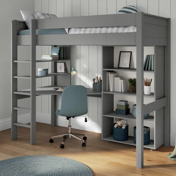 High Sleeper Bed with Desk & Bookcase - Grey, Pine
