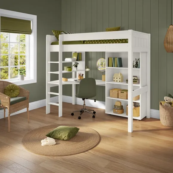 High Sleeper Bed with Desk & Bookcase - White, Pine