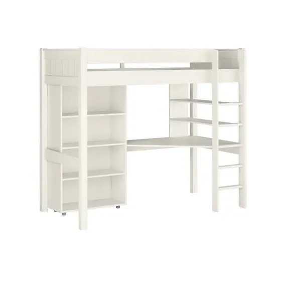 High Sleeper Bed with Desk & Bookcase - White, Pine